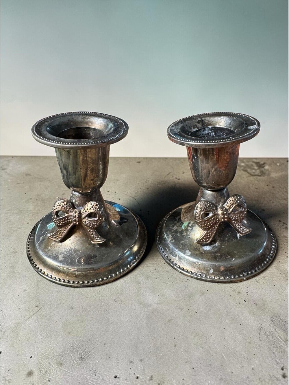 Vintage English Silver Plated Pair Candlestick with Bow Rare/ UNIQUE